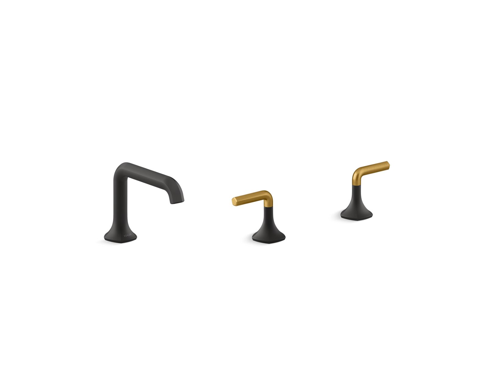Occasion® bathroom sink faucet spout and lever handles in matte black and vibrant brushed moderne brass
