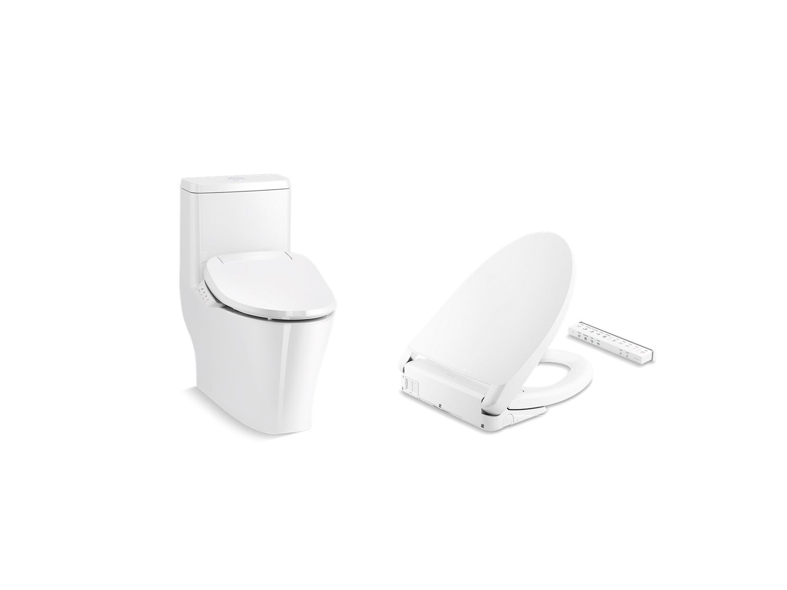 Reach® Curv one-piece toilet with skirted trap and dual flush and PureWash® E930 elongated bidet toilet seat with remote control in White