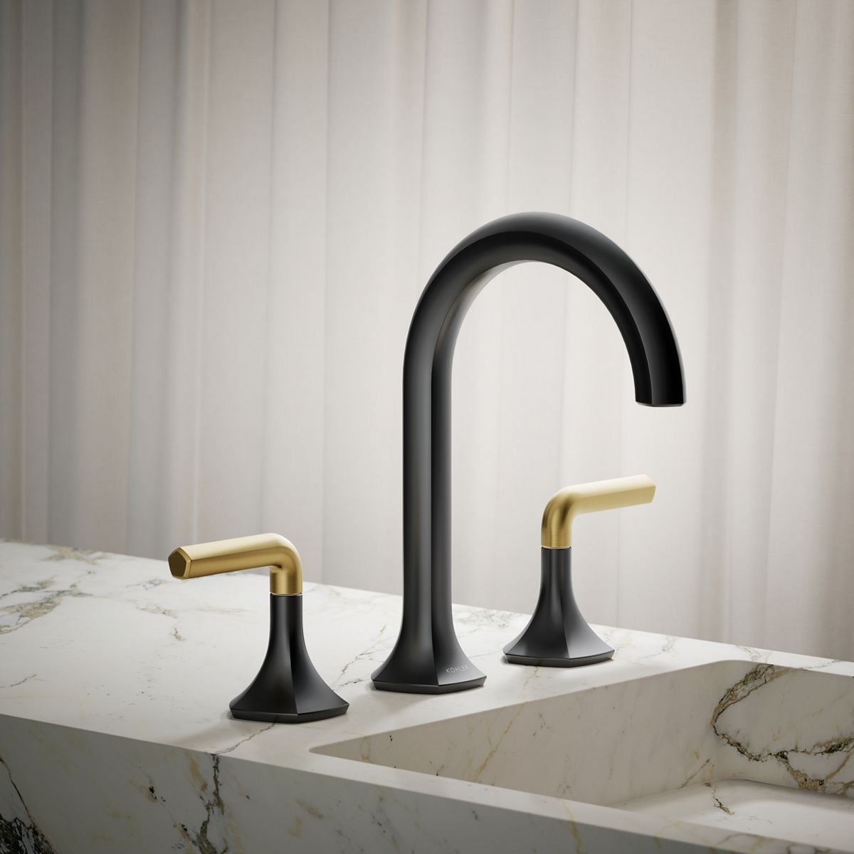 Occasion® bathroom sink faucet spout and lever handles in matte black and vibrant brushed moderne brass