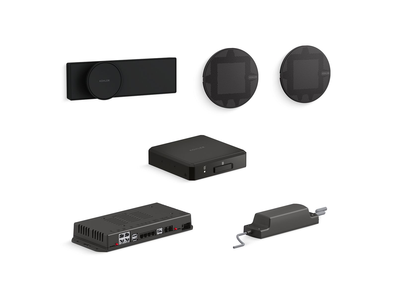 Anthem+™ digital control and and SoundTile® shower speakers in Matte Black with Anthem+™ controller module and amplifier module