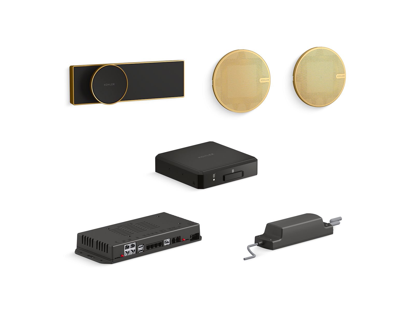 Anthem+™ digital control and and SoundTile® shower speakers in Vibrant Brushed Moderne Brass with Anthem+™ controller module and amplifier module 