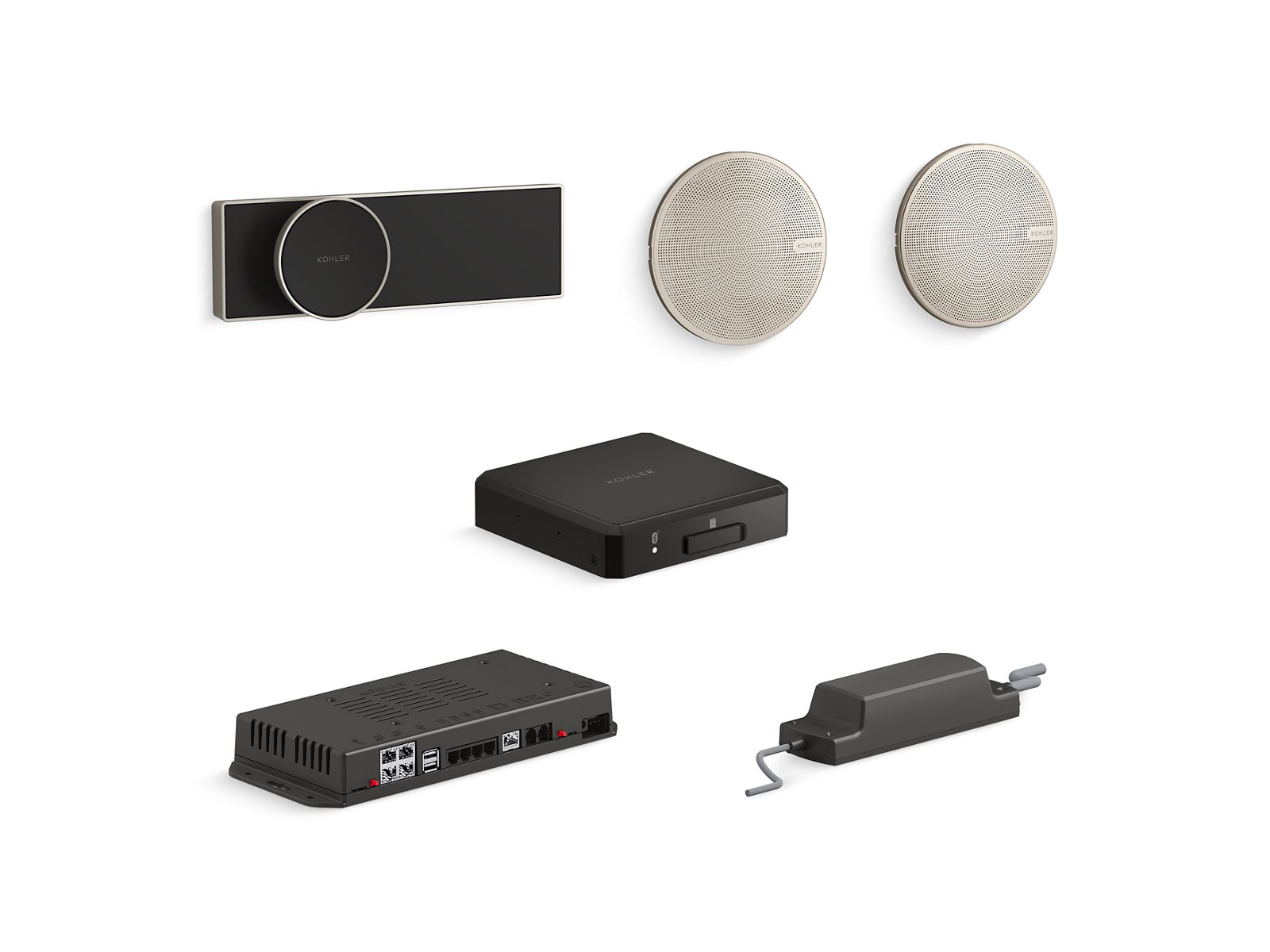 Anthem+™ digital control and and SoundTile® shower speakers in Vibrant Brushed Nickel with Anthem+™ controller module and amplifier module