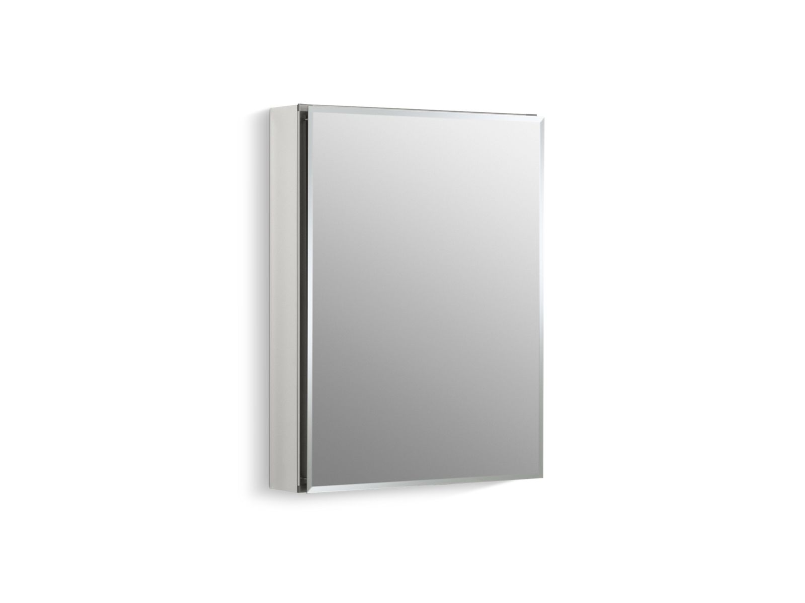 20" W x 26" H aluminum single-door medicine cabinet with mirrored door, beveled edges