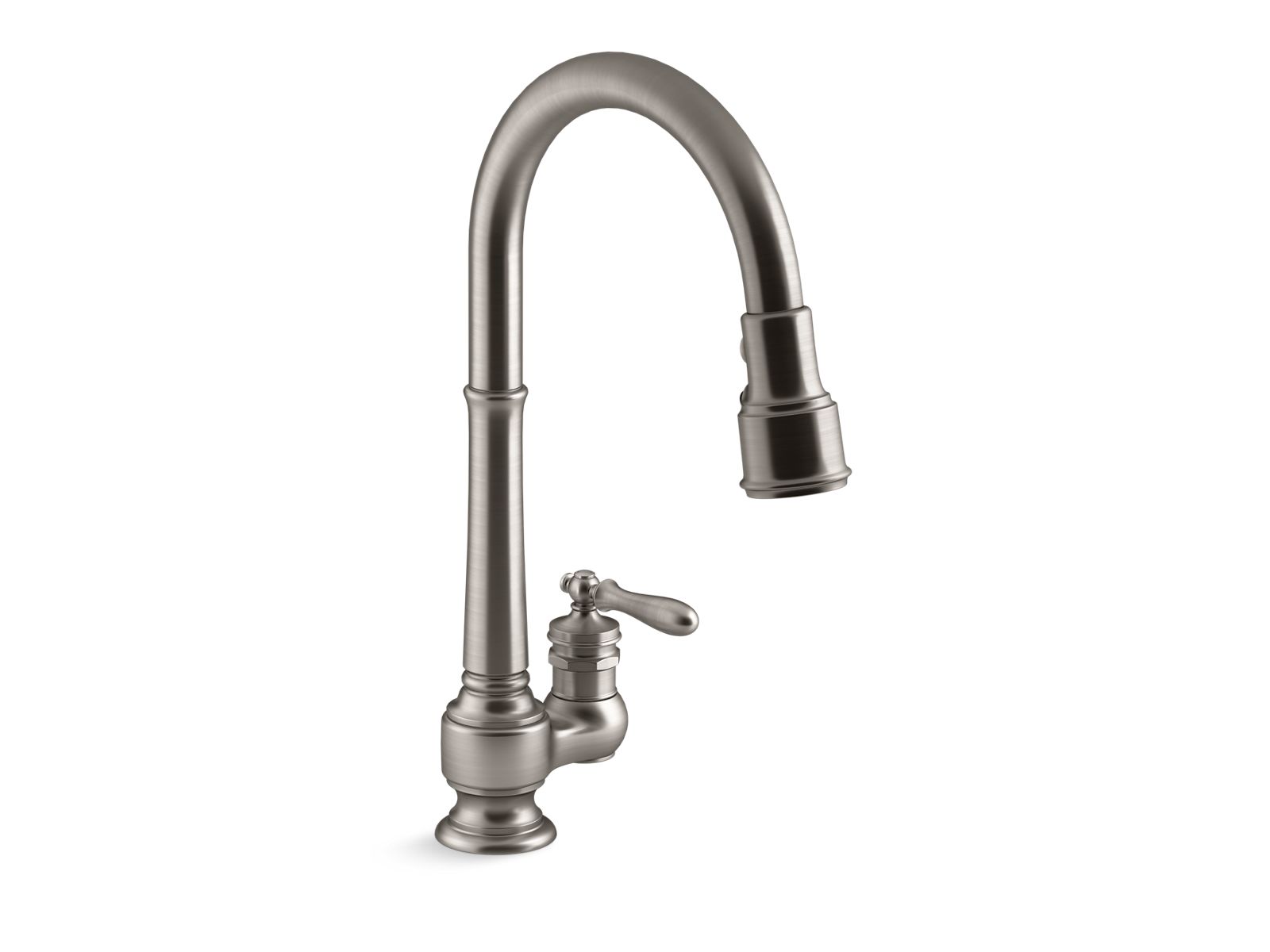 Artifacts Pull-down kitchen sink faucet with three-function sprayhead