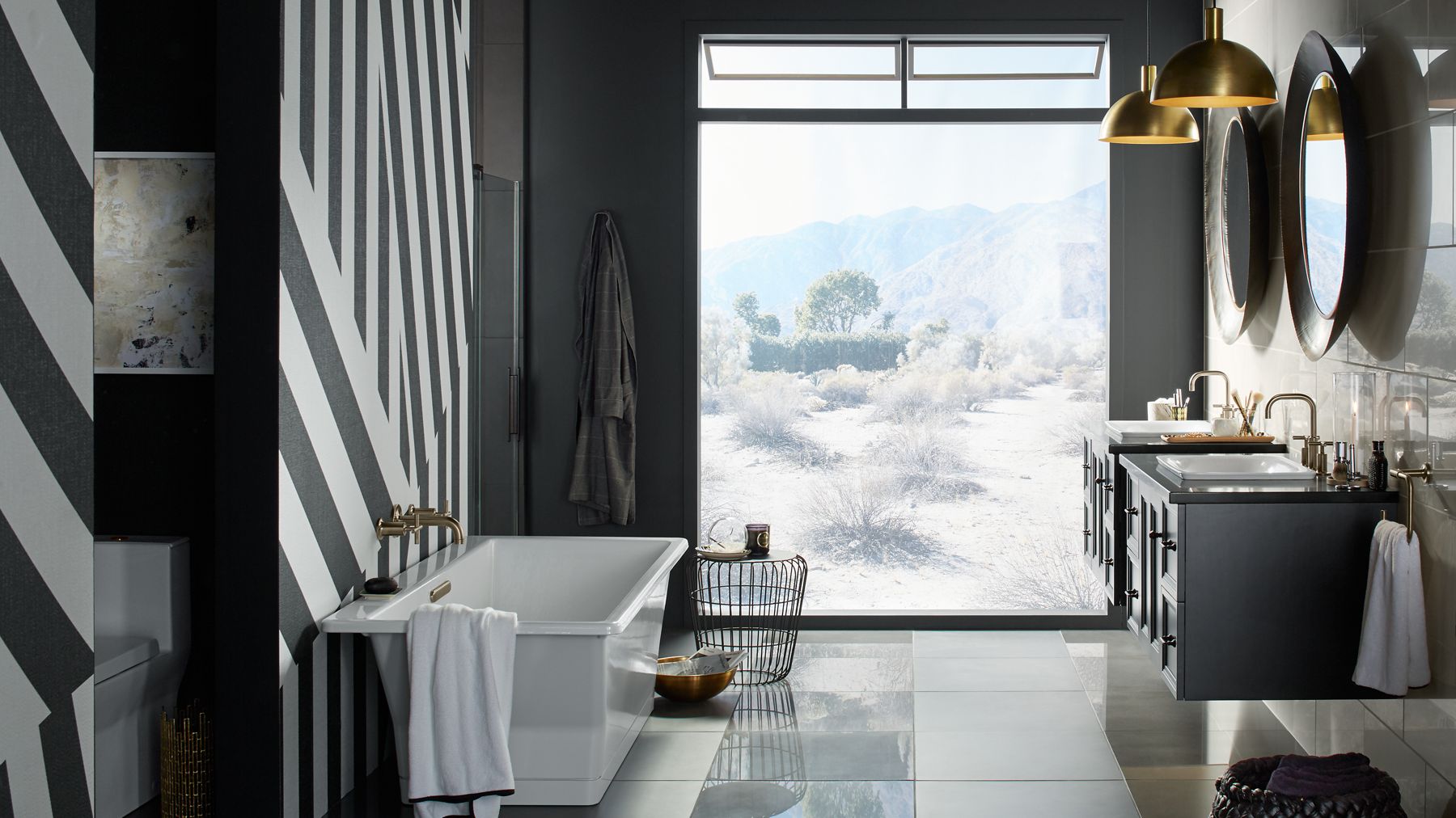 Safari-insipired bathroom with graphic stripes and window with desert view