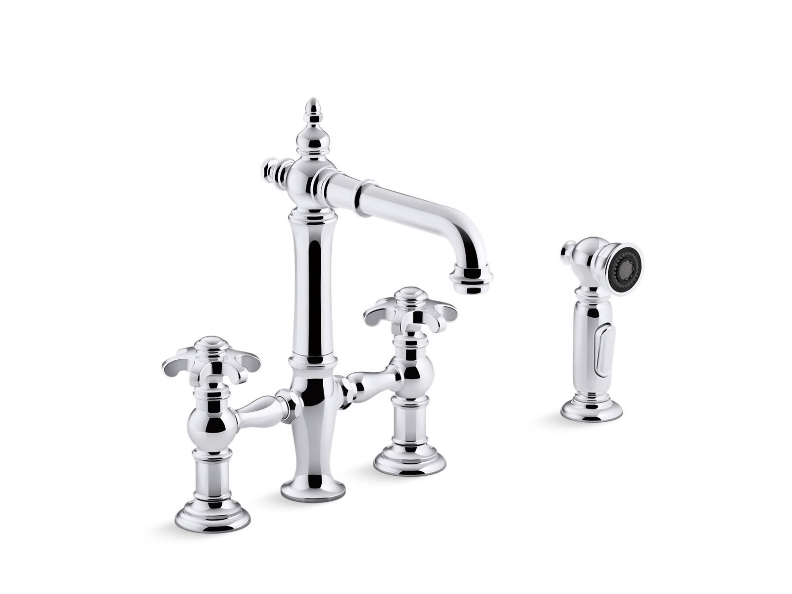 Artifacts® deck-mount bridge bar sink faucet with prong handles