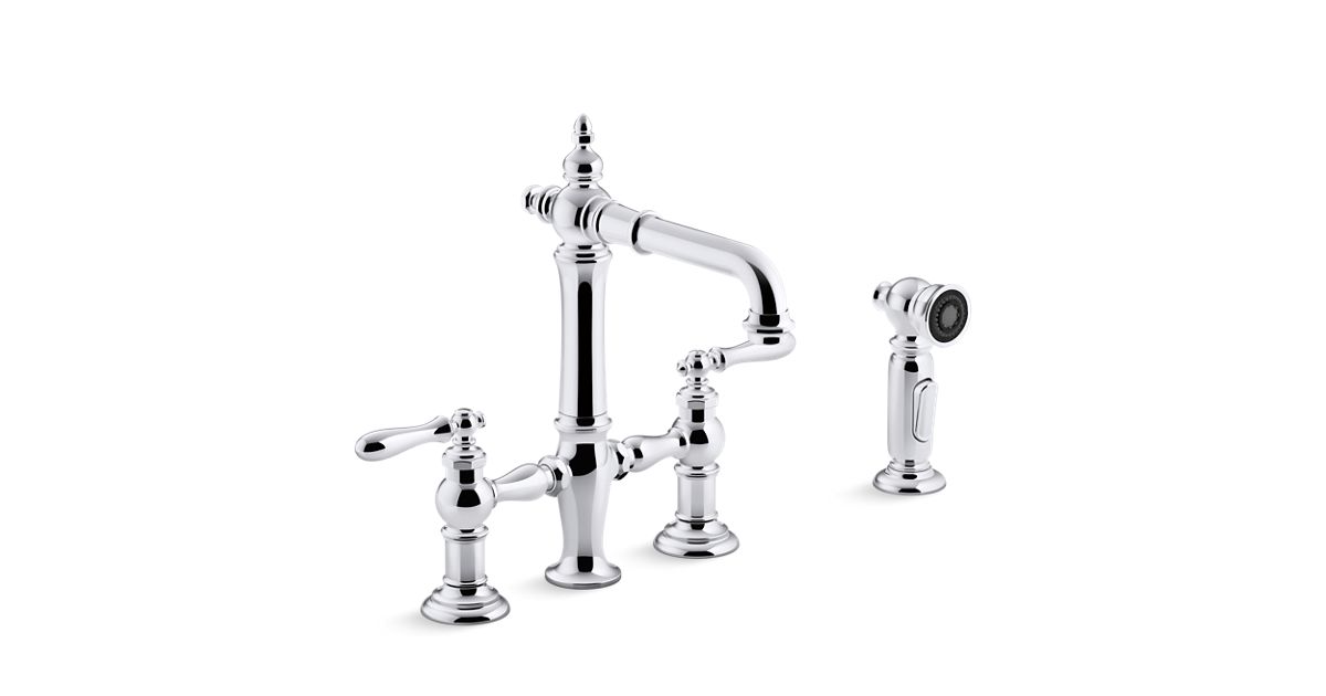 Artifacts® deckmount bridge bar sink faucet with lever handles and sidespray K765204