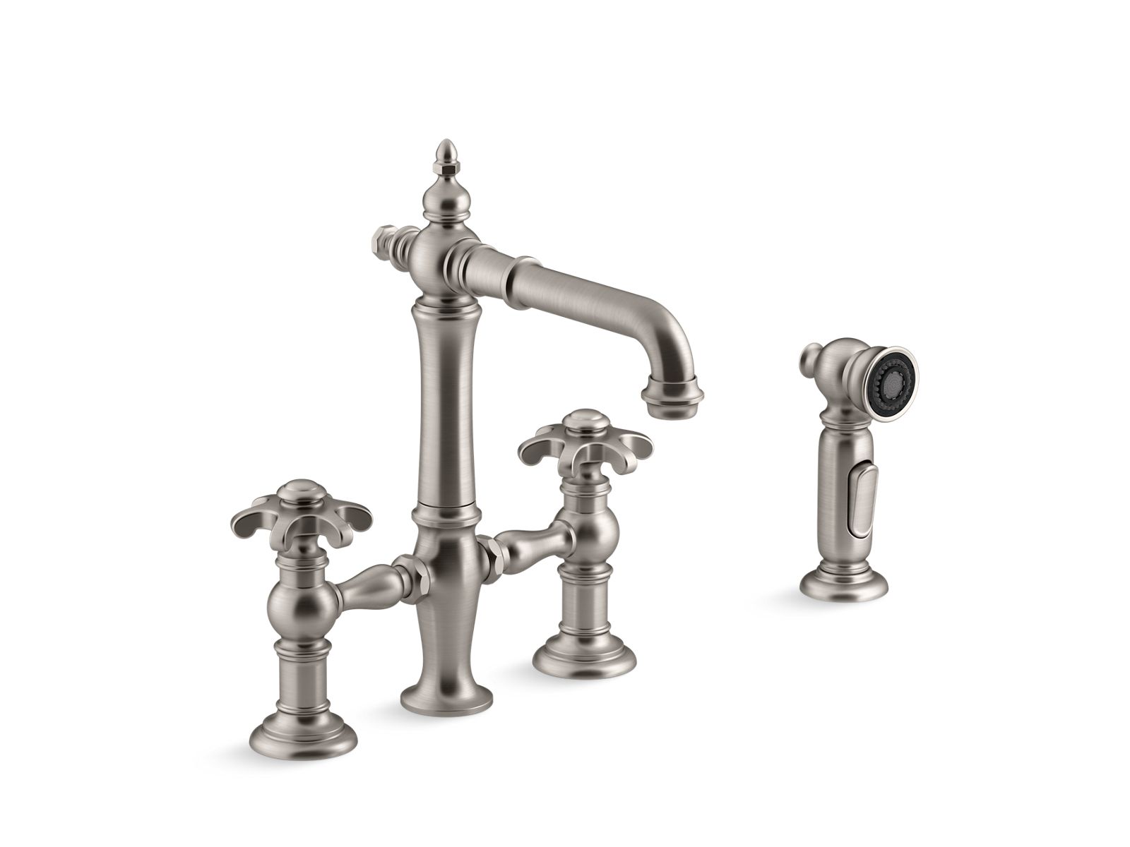 Artifacts® deck-mount bridge bar sink faucet with prong handles