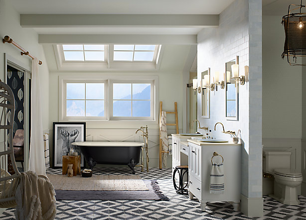 Bright bathroom with white walls and European-style fixtures