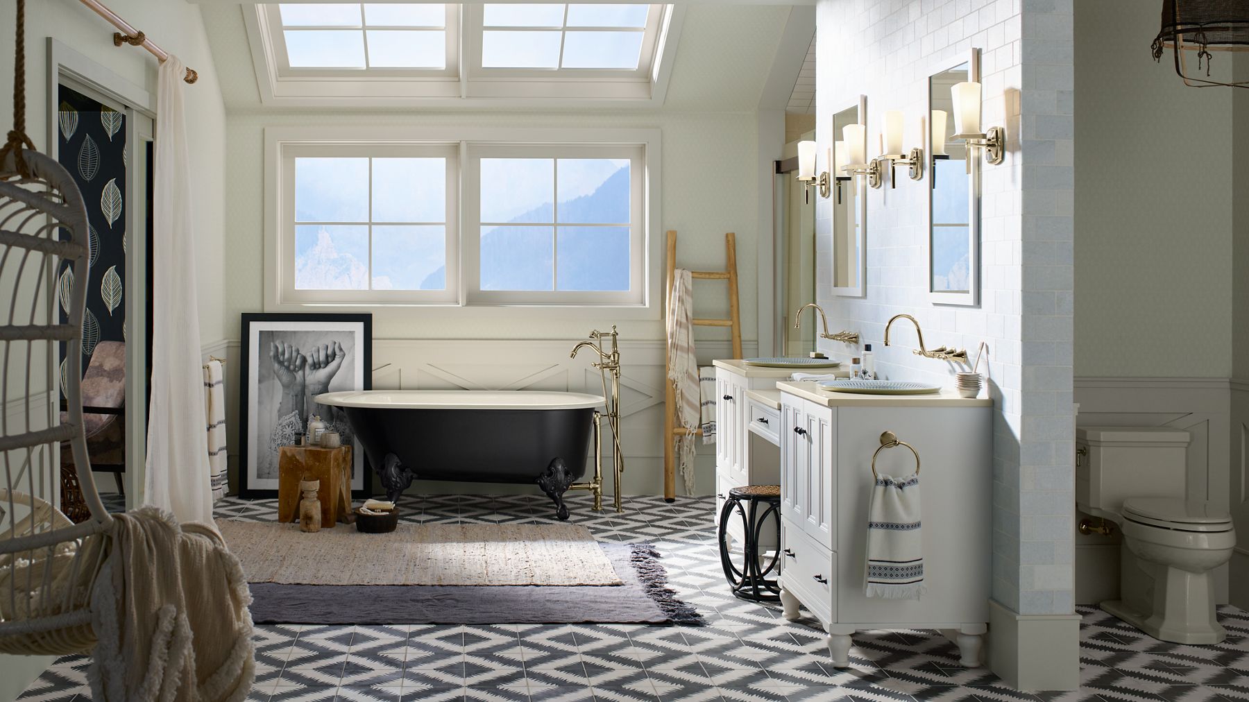 Cultural-themed bathroom with diamond pattern tiles in dream-blue palette