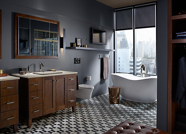Master bathroom with wooden cabinets, fixtures and dark walls