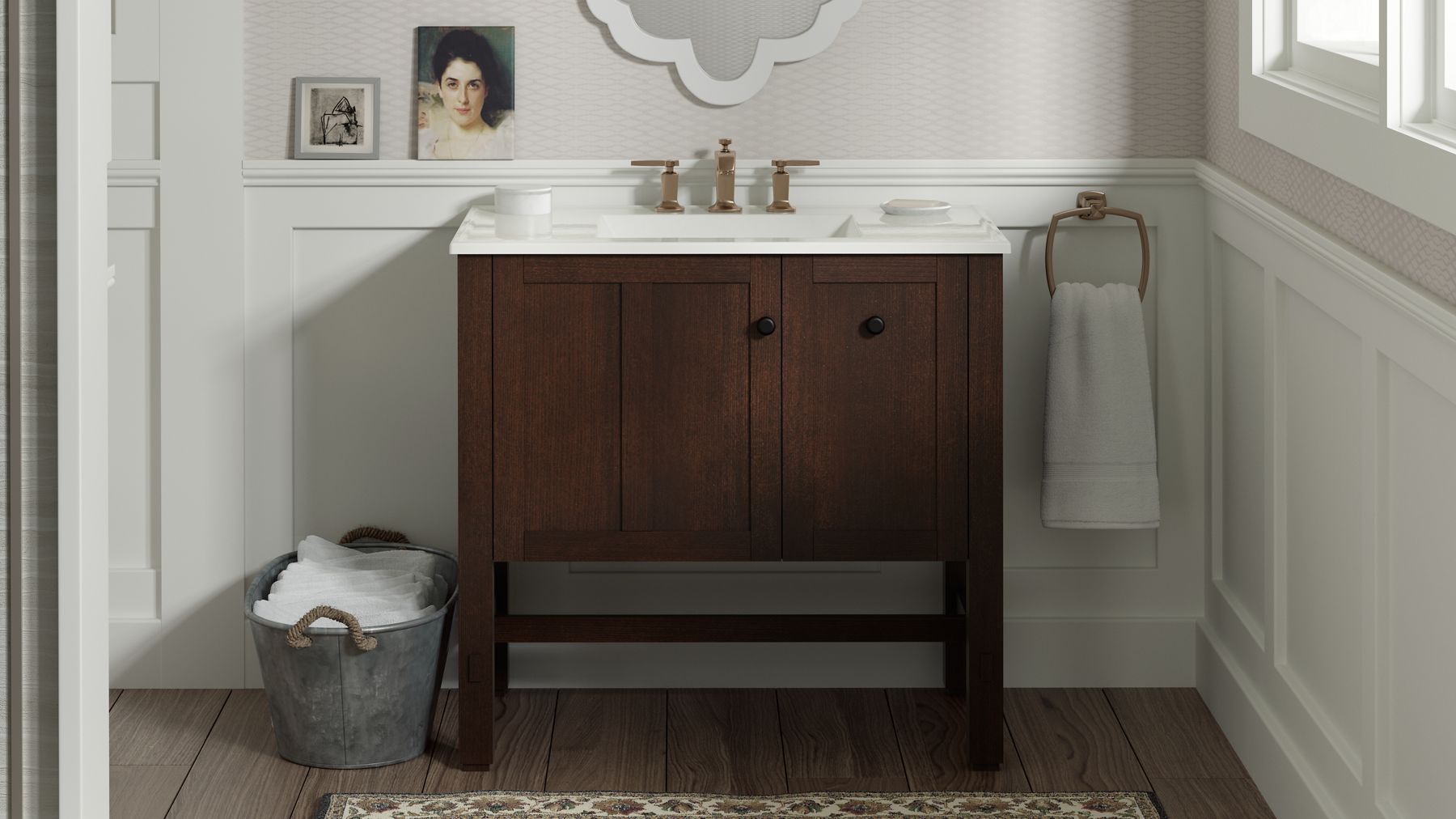 Designer bathroom with wooden cabinet and white French-themed walls