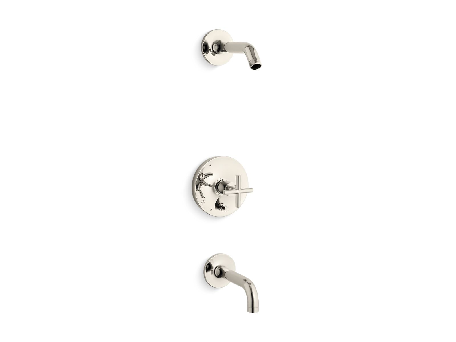 Purist Rite-Temp bath and shower trim kit with push-button diverter and cross handle, without showerhead