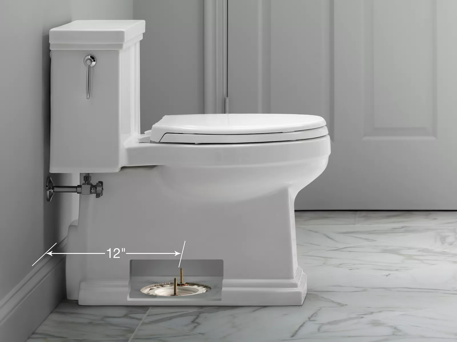 To measure the rough-in, measure from the wall not the baseboard.