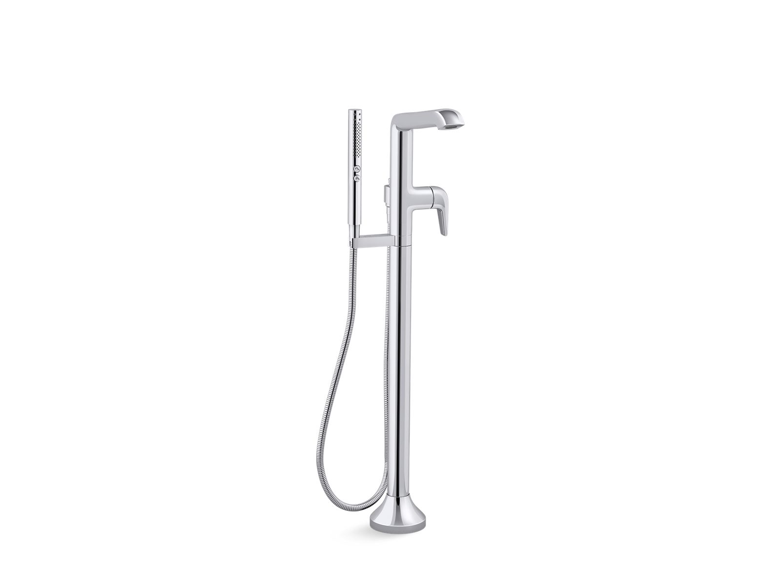 Kohler Co., Tub Faucet, The design of the Tempered floor-mount bath filler trim with handshower balances strong, squared