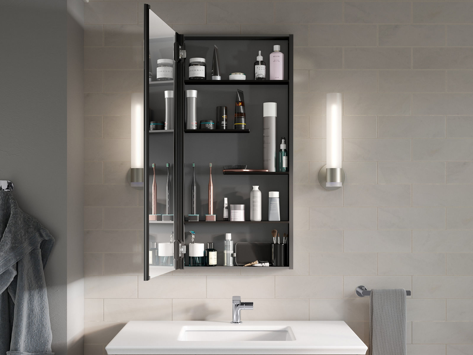 A medicine cabinet with its door open and an assortment of daily essentials on the shelves, against a white tile wall with silver sconce lights on either side.