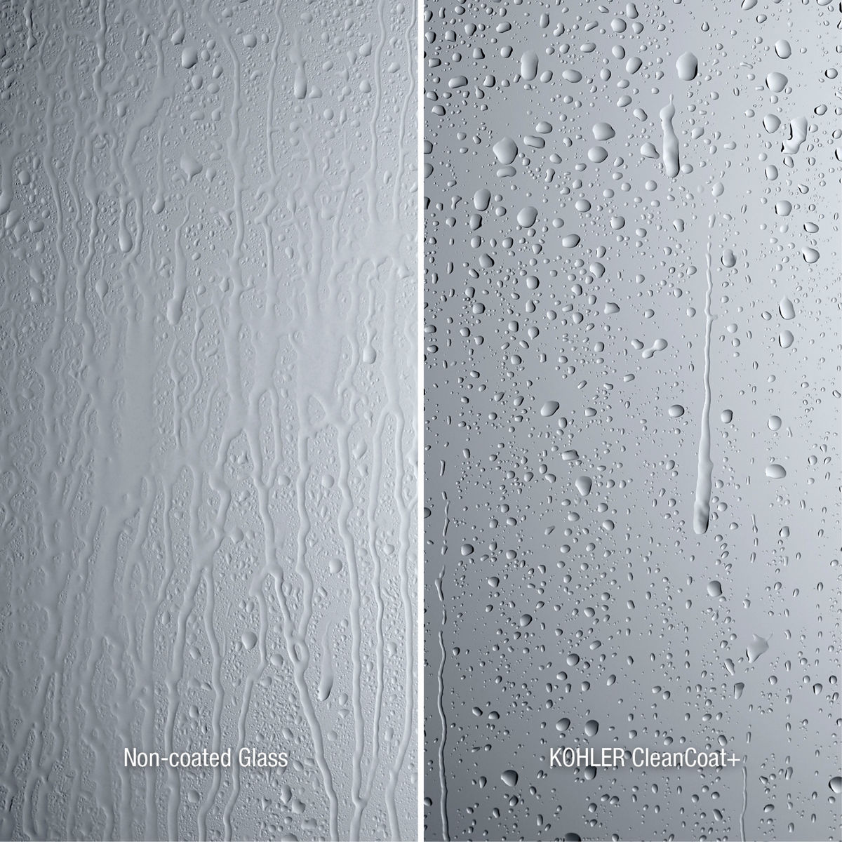 A side by side image showing glass that has and has not been treated with ClearCoat+. On the untreated side the water runs down the glass in intersecting streams. On the treated side, the water beads up on the surface of the glass.