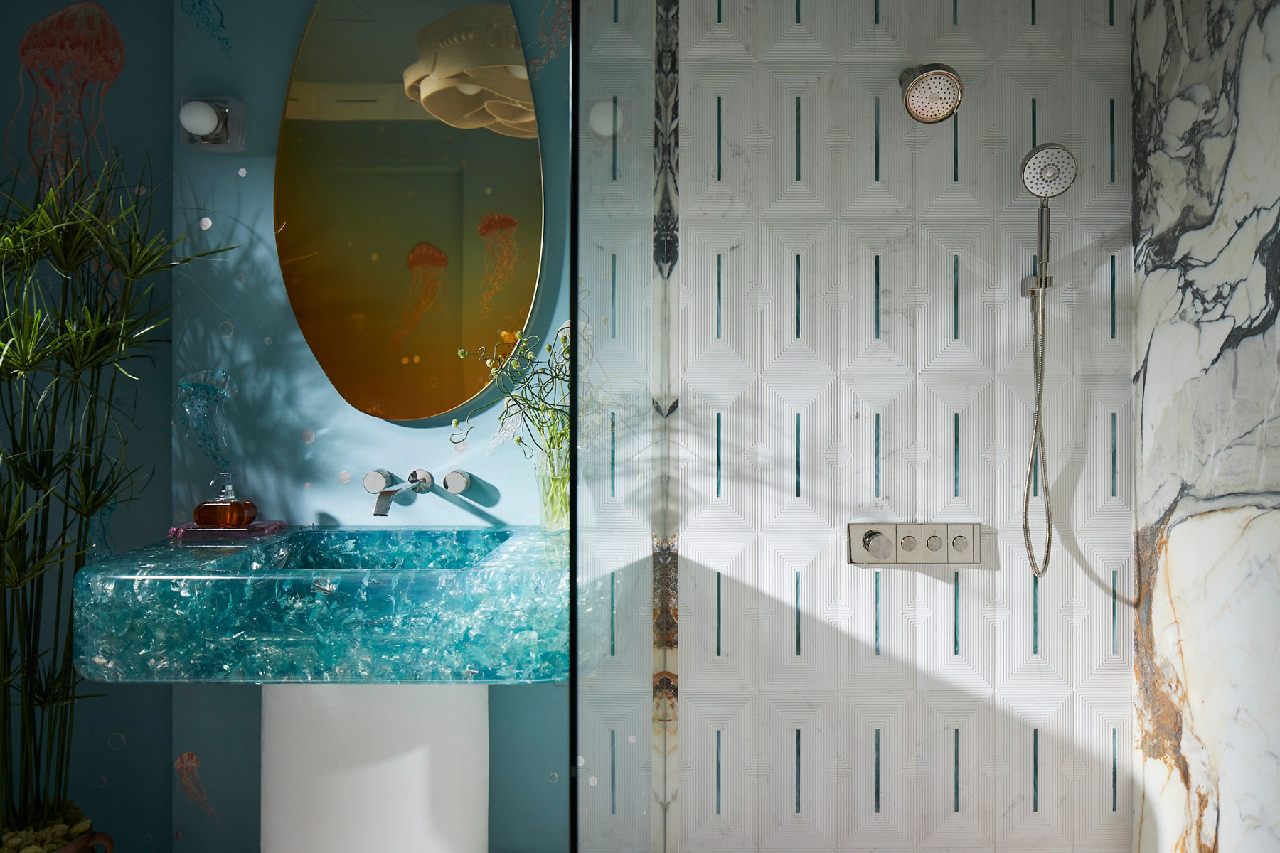 A bathroom design by Helen Bergin with light blue and white colors.
