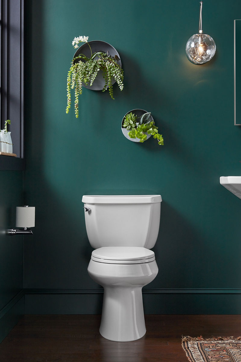 Une toilette blanche installée contre un mur vert, avec des fougères et des fleurs dans des jardinières rondes murales.
