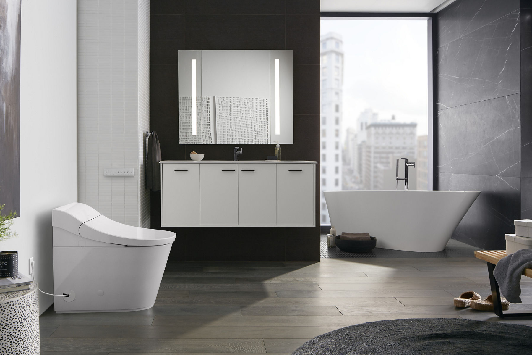 Freestanding white bathtub with a sleek faucet, positioned by a large window with a cityscape view, set against dark textured walls and modern flooring.