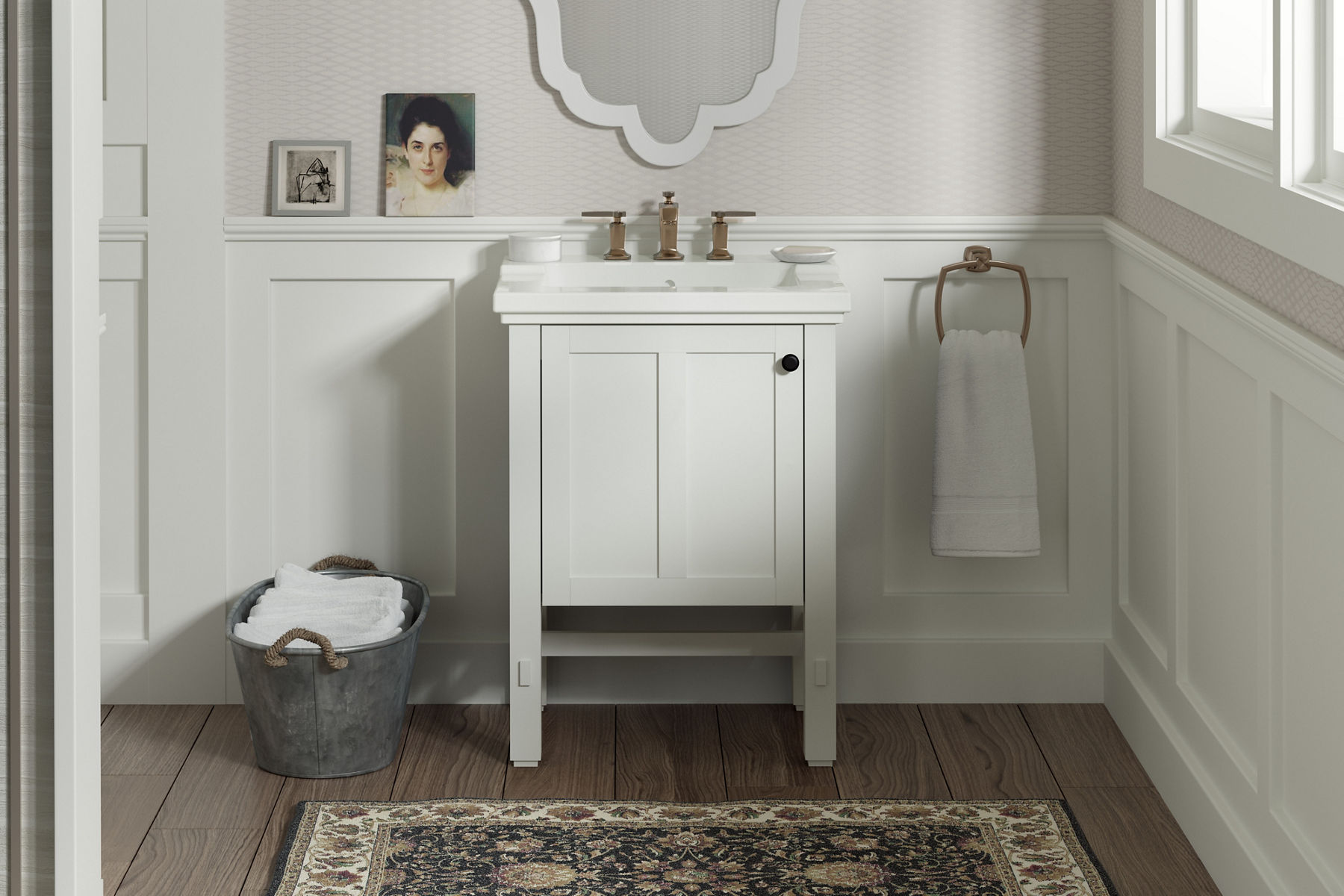 Un meuble-lavabo blanc Tresham de KOHLER avec dessus blanc, robinet à poignée à levier déployé Margaux et miroir festonné dans un cadre blanc.