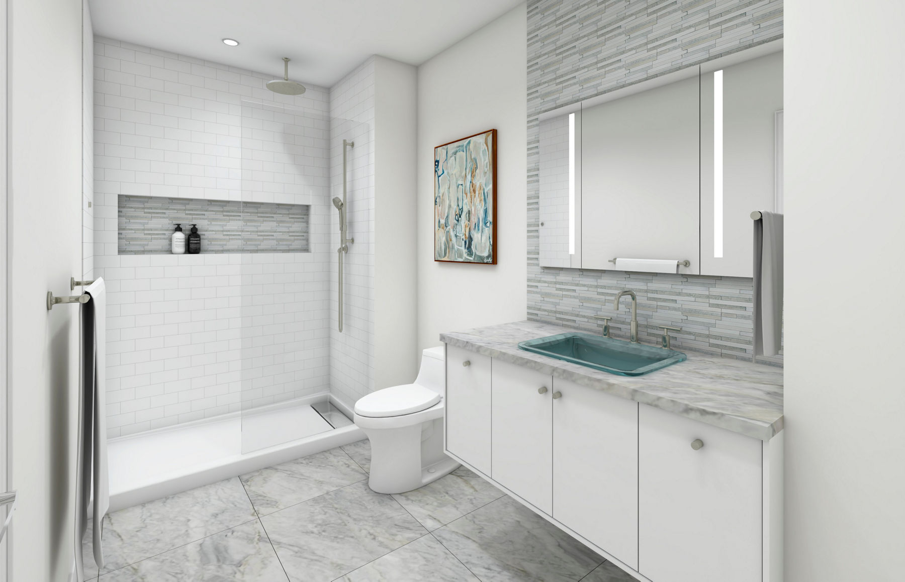  Une toilette Kohler, une armoire à pharmacie éclairée, un lavabo décoratif avec robinet et un système de douche dans une salle de bain contemporaine avec des carreaux de métro blancs et gris et un plancher en marbre gris
