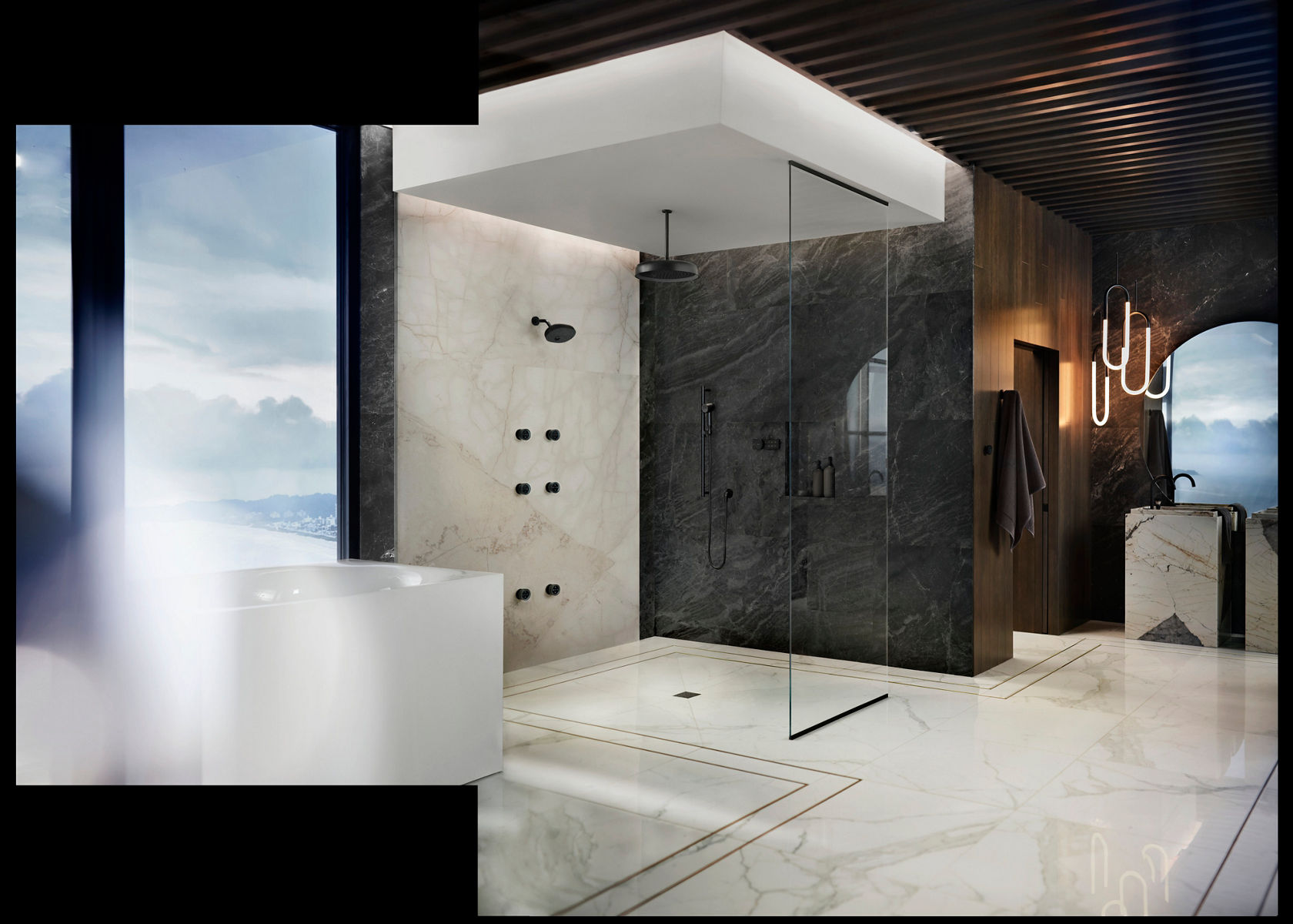 A large modern bathroom looking out over a mountain vista with a square bathtub on the left, a showering area with stone walls and matte black components in the center, and a vanity area on the left.