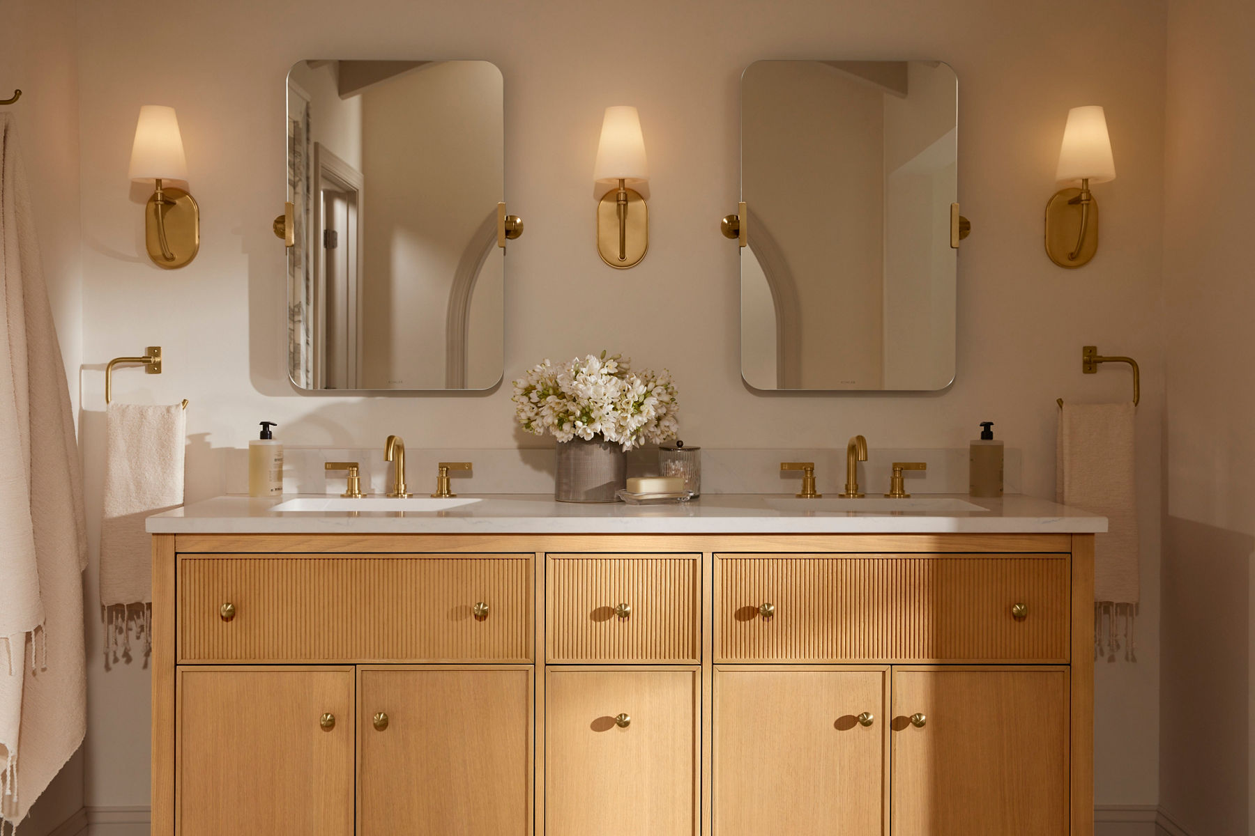 A Malin vanity in natural wood finish from the Kohler and Studio McGee collection.