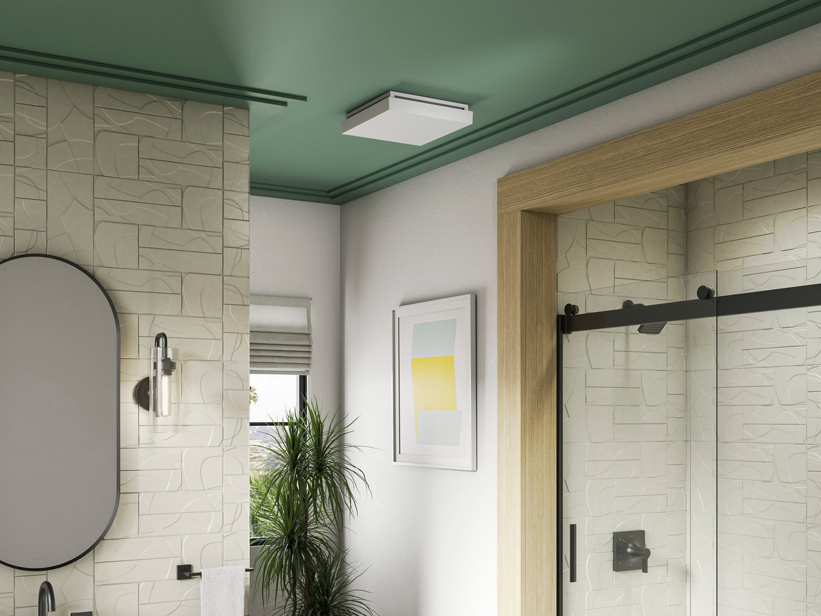 Un ventilateur aspirant pour salle de bain Atmo blanc monté sur un plafond vert.