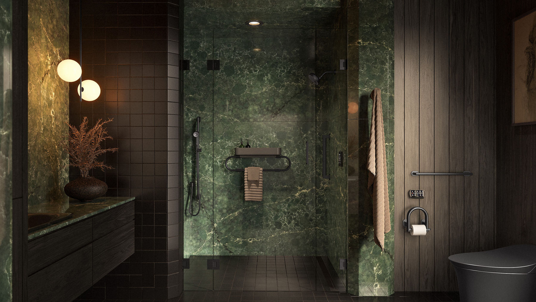 Luxurious bathroom with a glass-enclosed shower featuring green marble walls, a handheld showerhead, and a built-in shelf. The design includes warm lighting, a black vanity with decorative accents, and modern fixtures