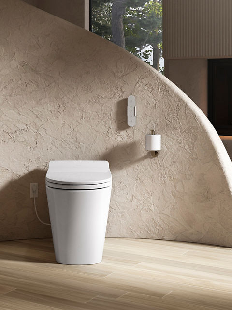 Modern, minimalist bathroom with a sleek white smart toilet against a textured, curved beige wall. A small control panel is mounted on the wall beside the toilet, and a roll of toilet paper is held in a wall-mounted holder. The floor is made of light wood planks, and a window is partially visible in the background.