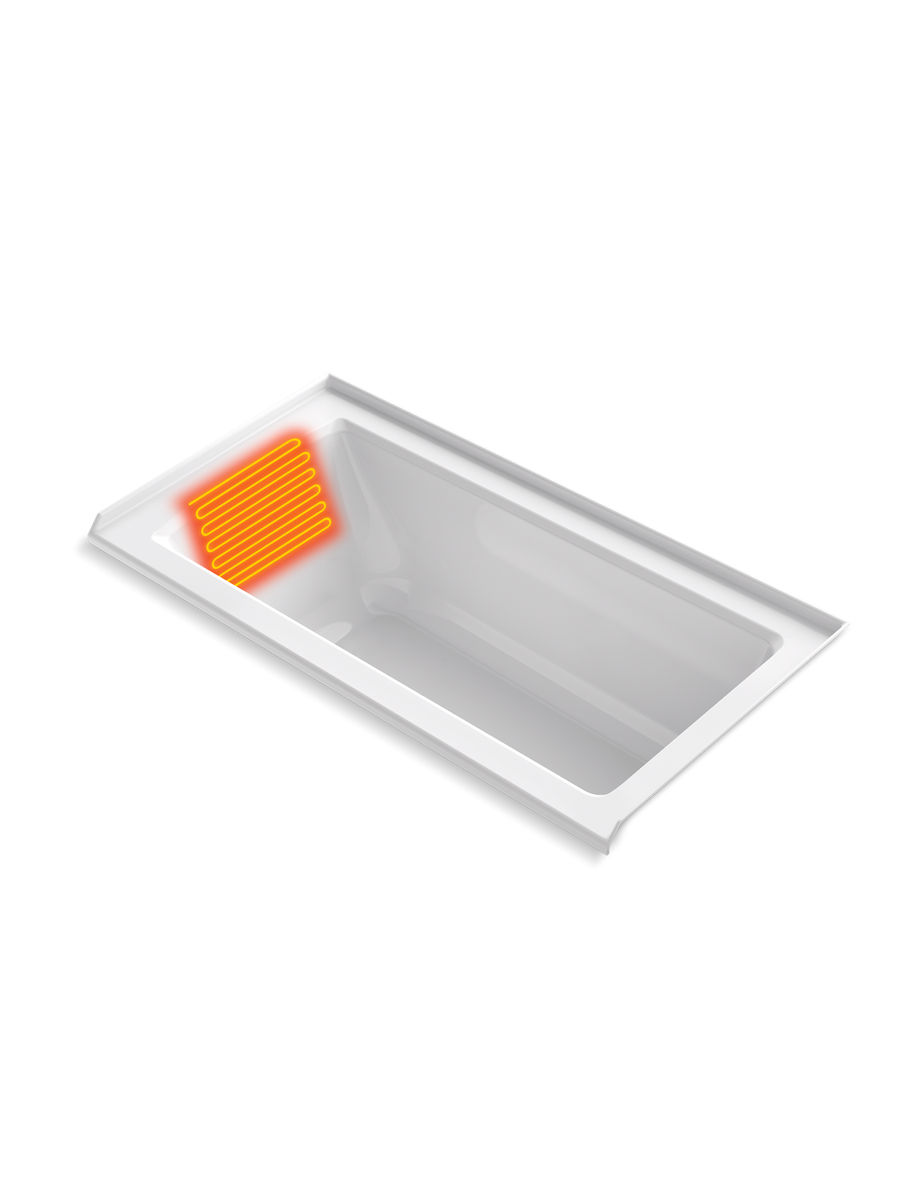 A KOHLER Bask heated surface tub, with an orange square indicating the panel with heated surface..