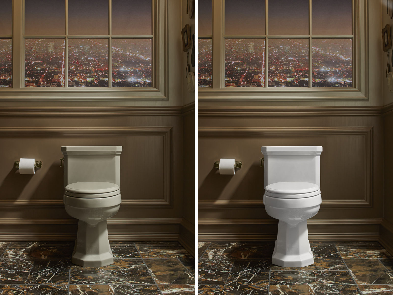 Two versions of the same bathroom with marble floors and brown wainscotting, one with a beige KOHLER toilet installed under a window with city views and the other with a white KOHLER toilet.