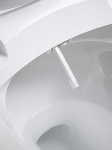 The interior of a toilet bowl with a bidet cleansing wand extending into the bowl.