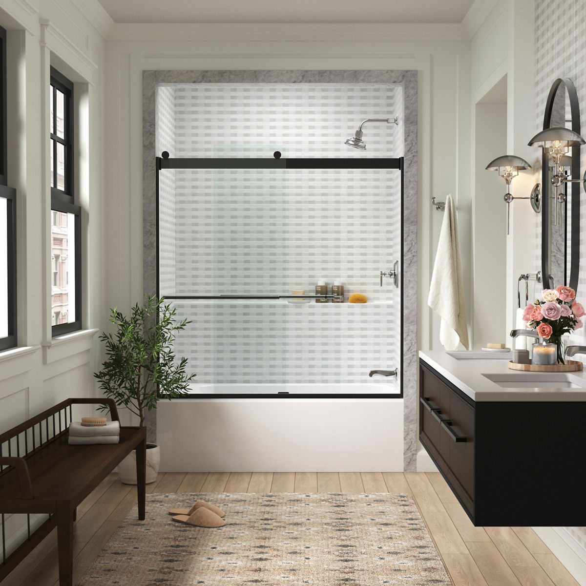 A bath and shower combination with sliding doors