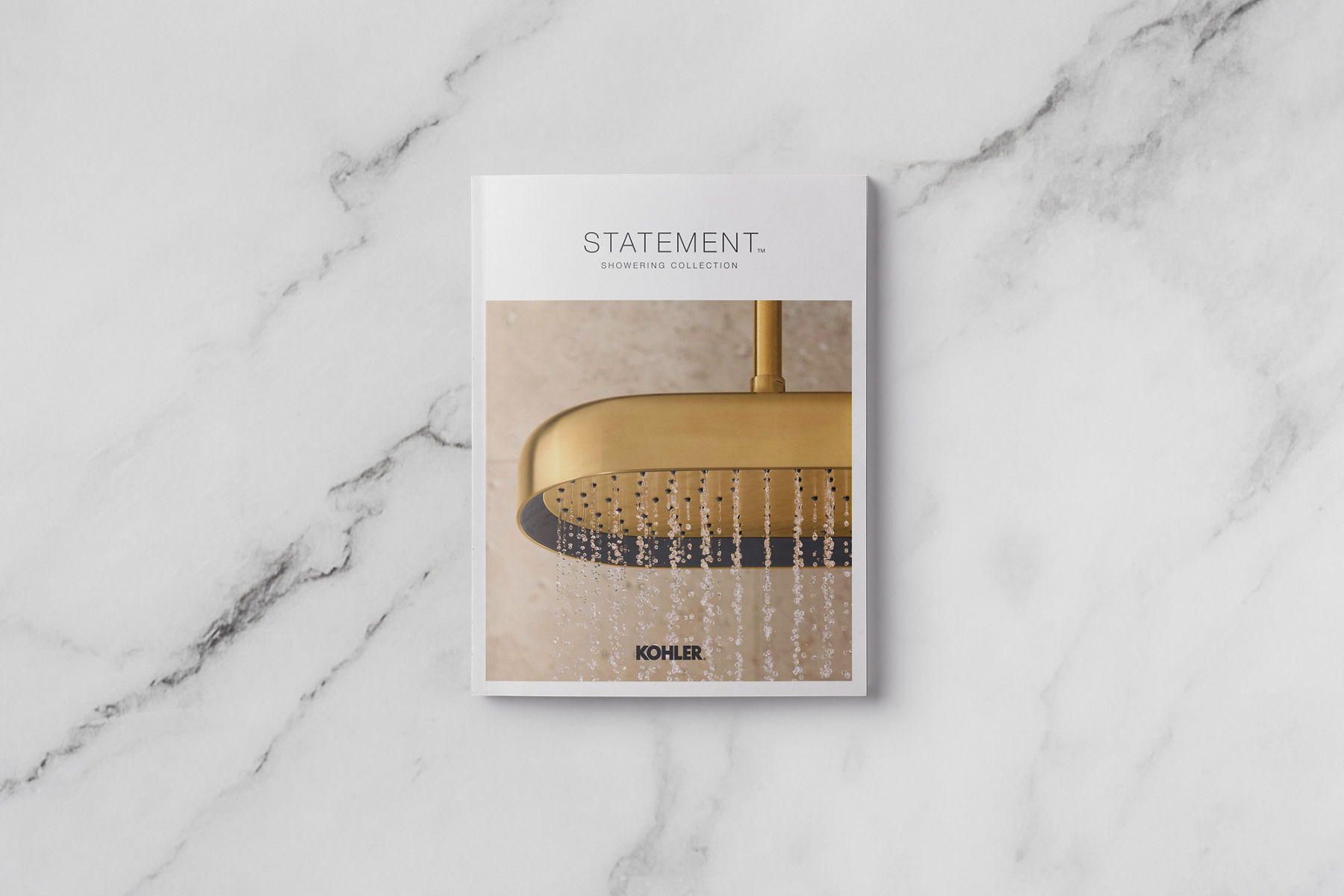 The cover of a brochure showing an oblong rainhead in brushed brass with water falling straight down from it.