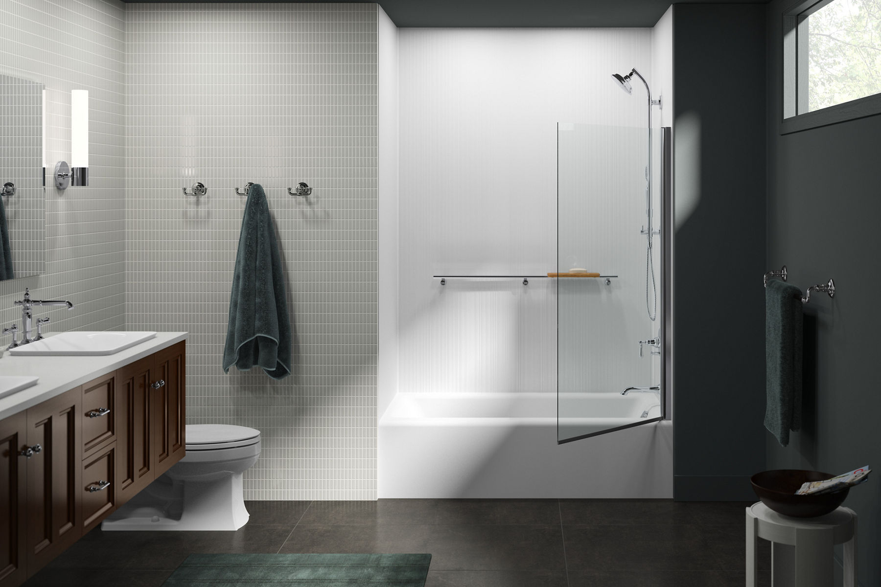 A bath and shower combination with a pivoting bathtub screen.