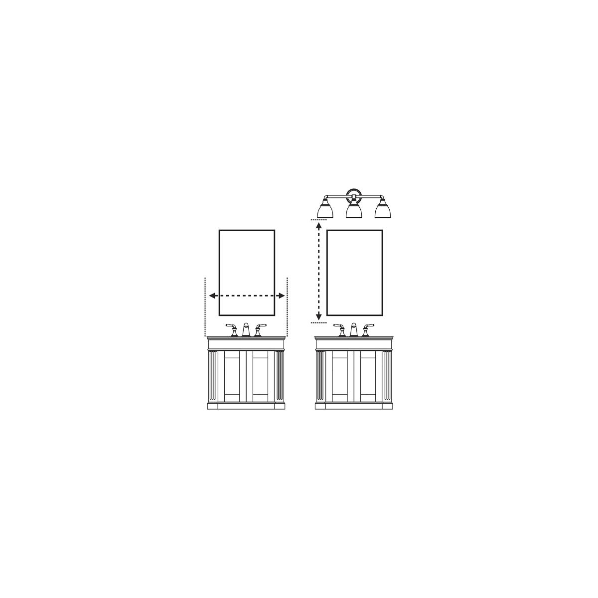 Un diagramme montrant les zones d’une salle de bain à mesurer lors de la détermination de la taille de l’armoire à pharmacie KOHLER à acheter.