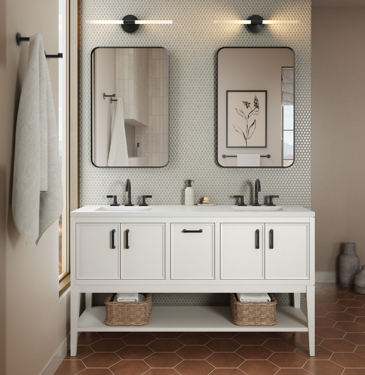 A double vanity with white coutner top, black faucets, black-framed rectangular mirrors with rounded corners, and a wall of very small hexagonal white tiles.