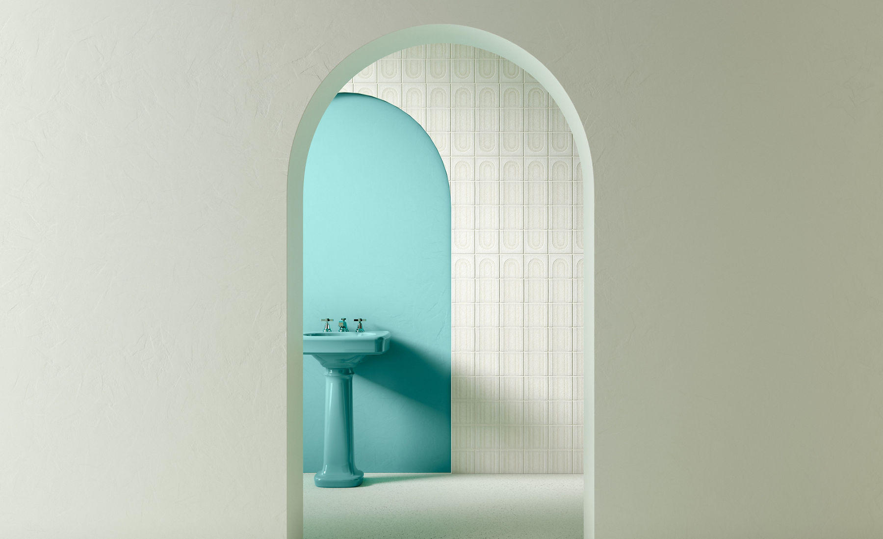 Un lavabo sur colonne de couleur vert printanier dans une voûte avec des carreaux à finition osseuse en provenance du WasteLAB de KOHLER.