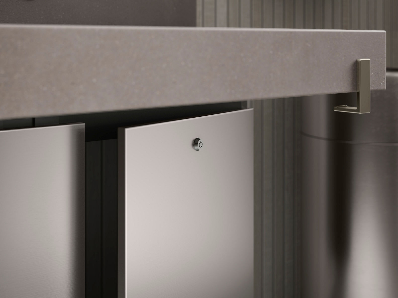 A close-up view of a sleek metal stall partition with a stainless steel locking mechanism, ensuring durability and privacy in public restrooms.