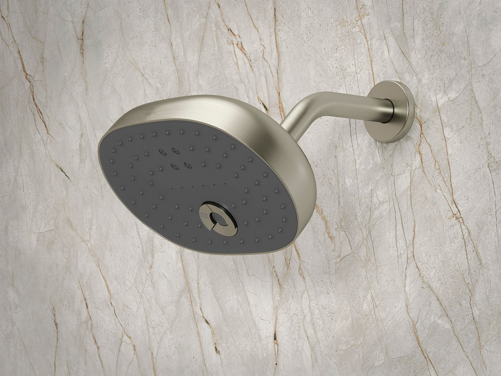Close-up image of a Kohler shower head in polished nickel finish installed on a natural stone shower wall. The wide, horizontal shower head face is featured to show the abundant spray nozzles.