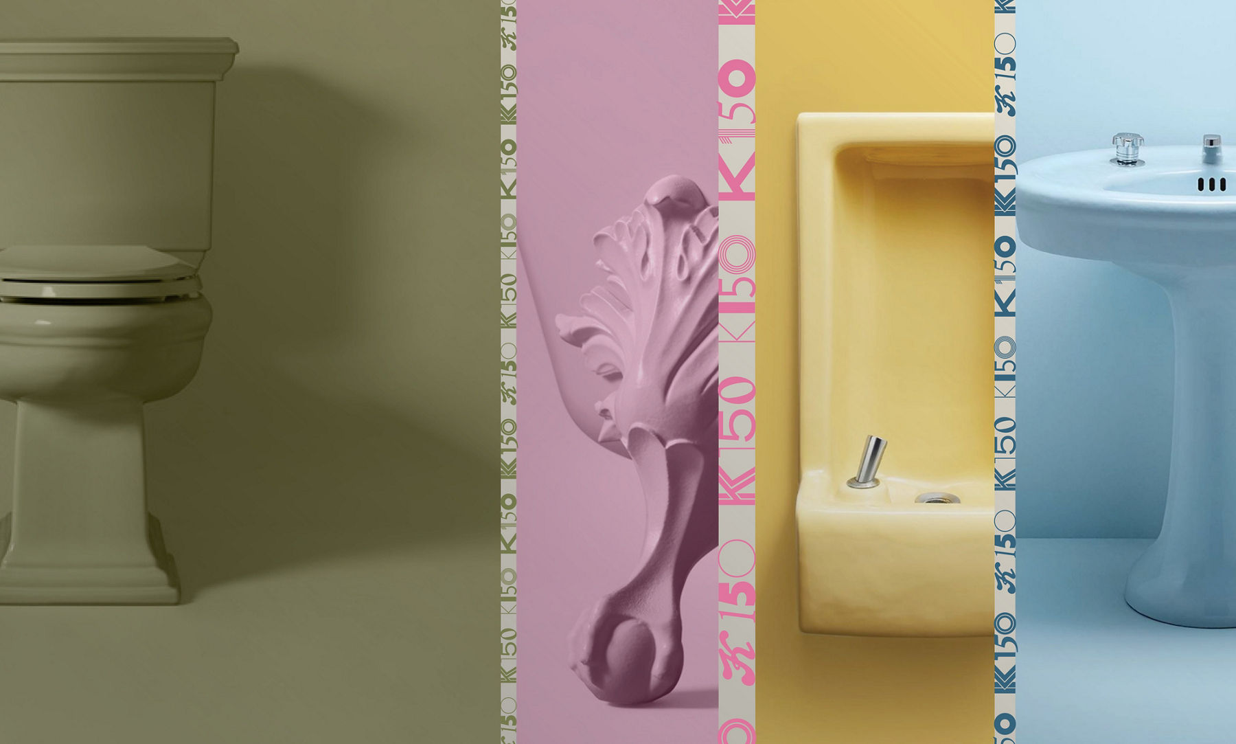 Three images split together of colorful KOHLER products from the Kohler Archives, including a pink claw foot tub, yellow water fountain and blue pedestal sink.