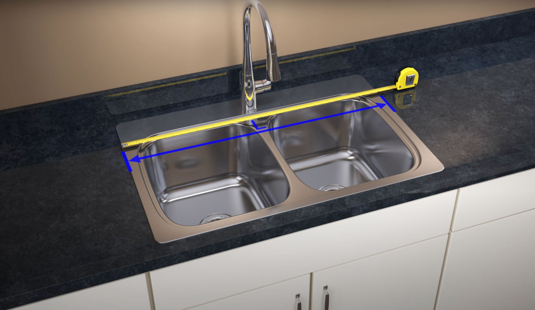 A hold in bathroom counter top with length and width graphics showing how to measure for installation.