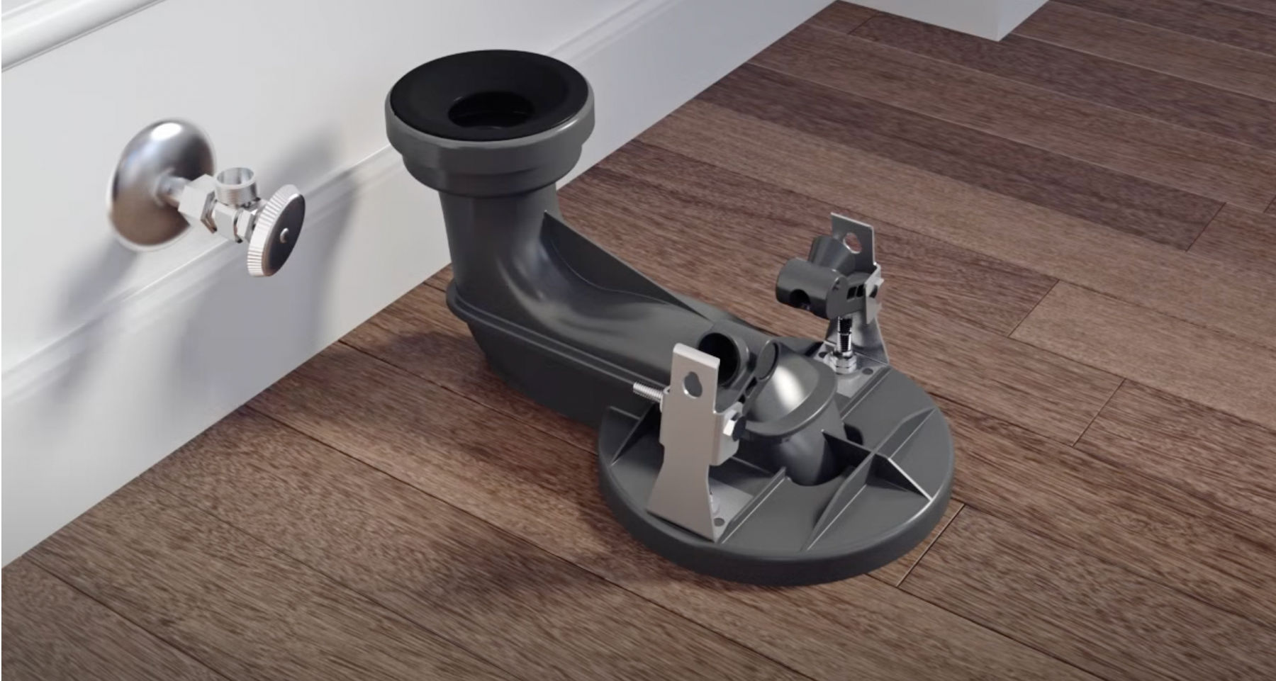 The installation system for a skirted trapway toilet on a wood floor.