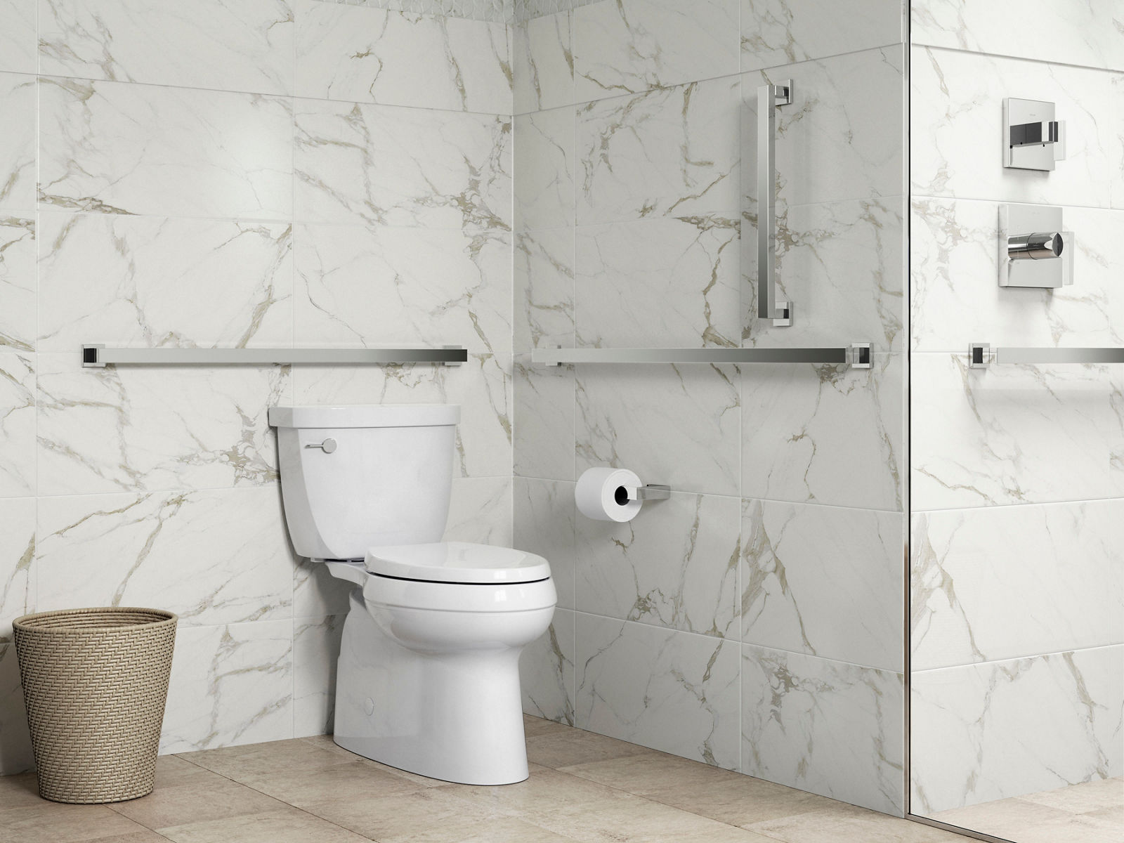 A white two-piece toilet against a wall of white stone with light gray marbling.