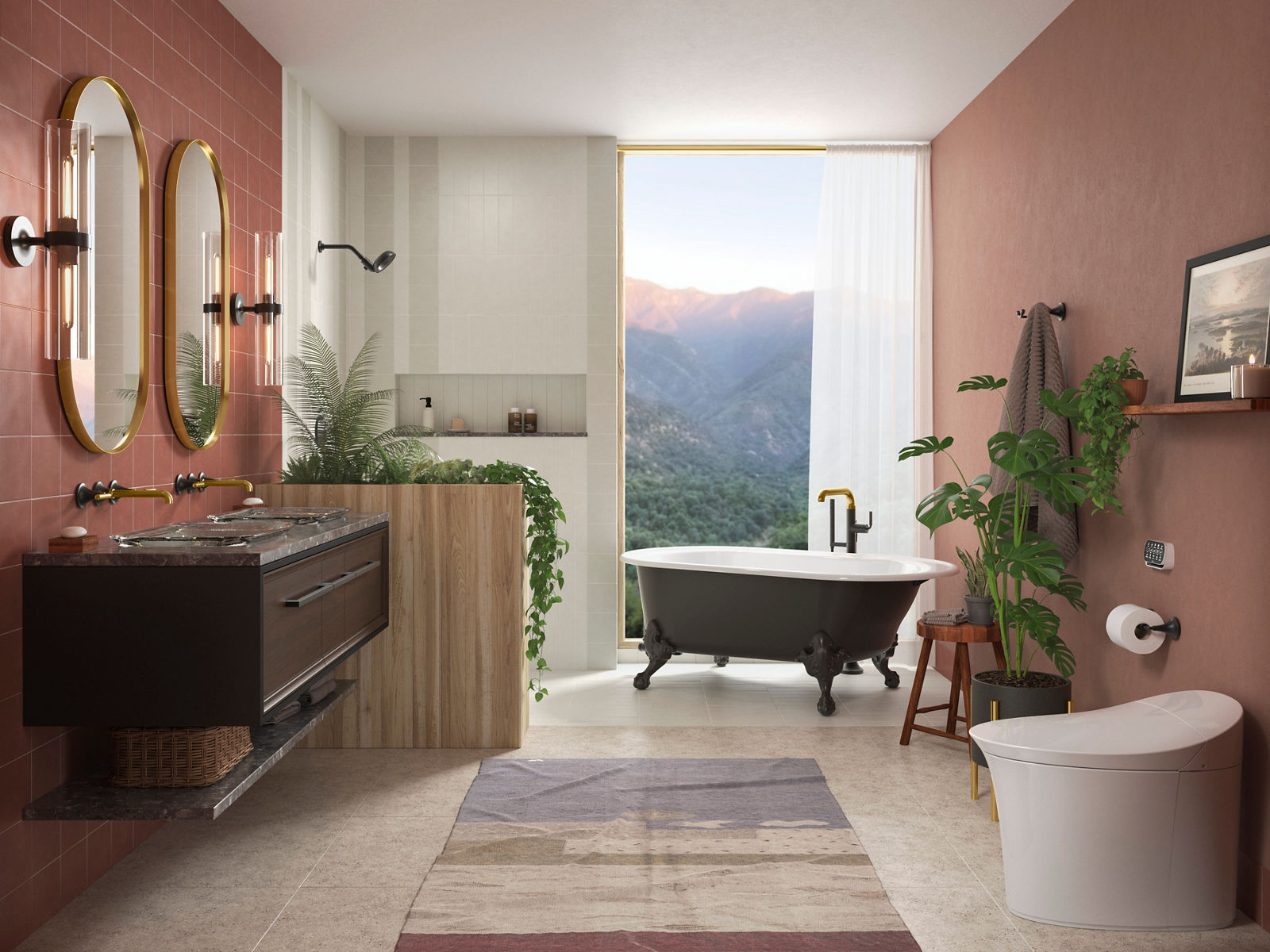 Image du design de salle de bain Natural Oasis avec une baignoire à pattes dans le coin et la pièce, près d’une douche ouverte et d’un meuble-lavabo au premier plan. Une grande image d’une fenêtre en arrière-plan.