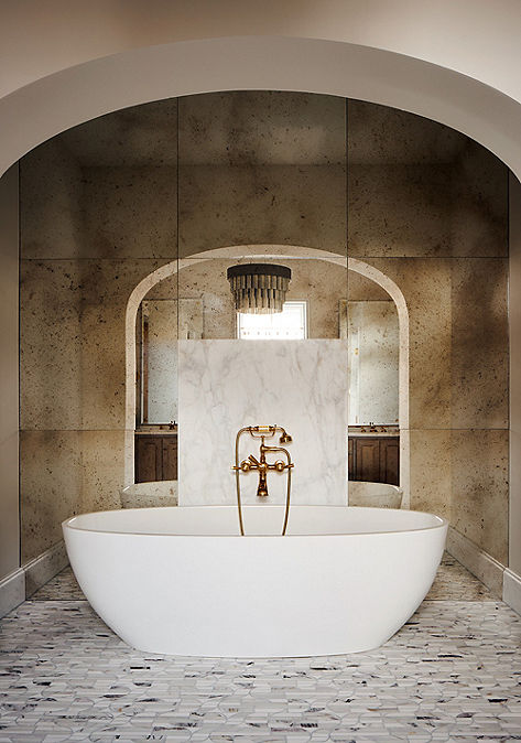 Modern bathroom interior with white bath tub and Ann Sacks glass wall tile.