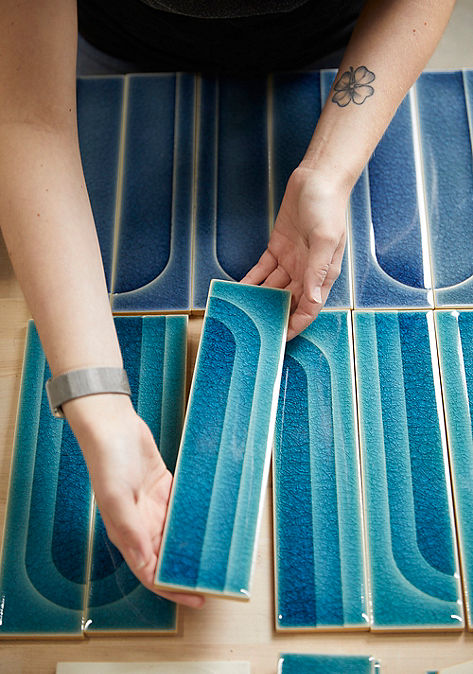 Closeup of Kohler WasteLAB tile in blue color.