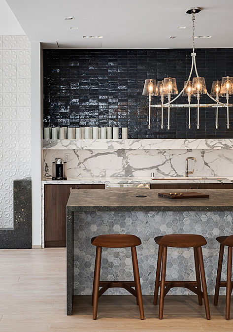 Modern kitchen interior with Ann Sacks tile backsplash.